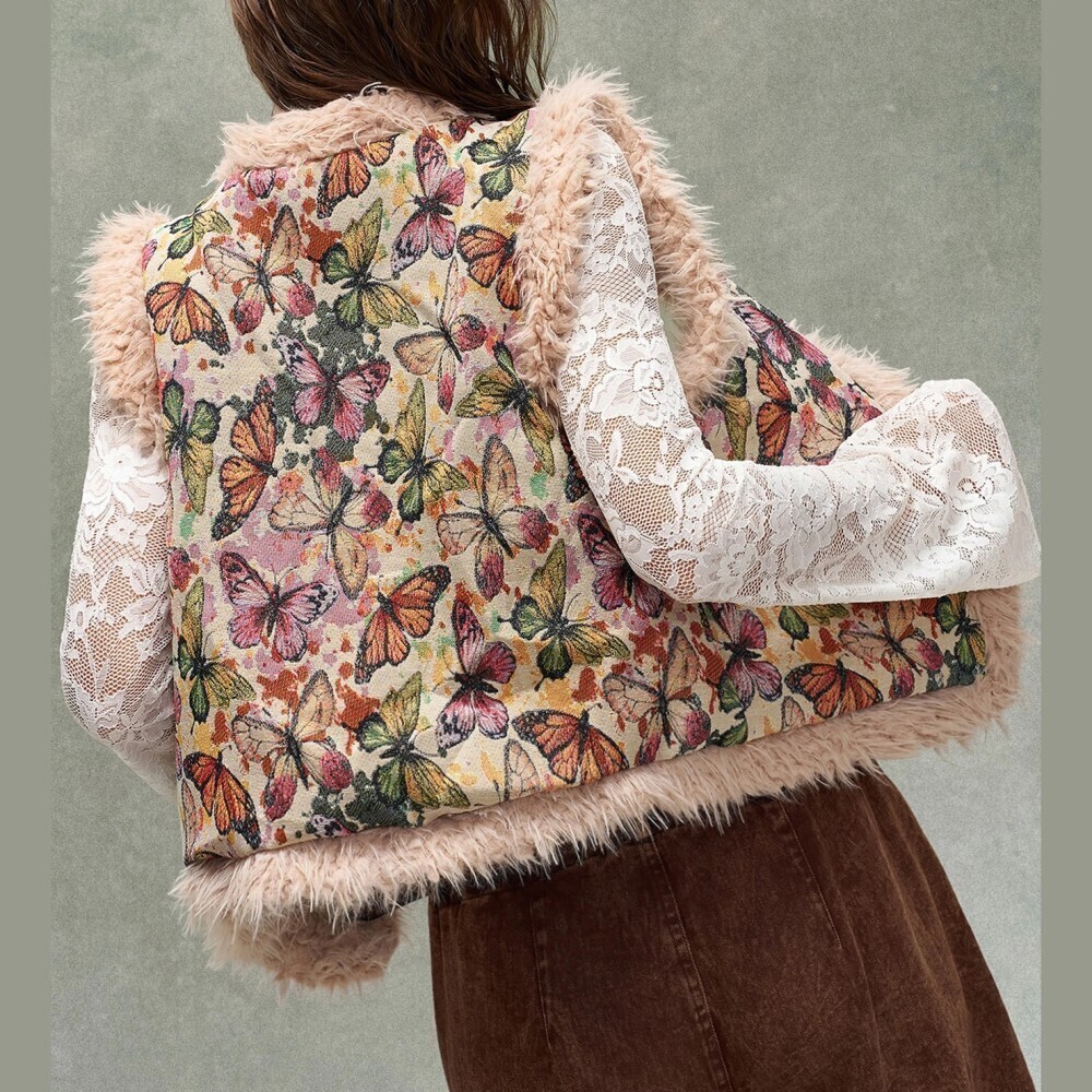 Cream Butterfly Tapestry Print Faux Fur Trim Short Vest